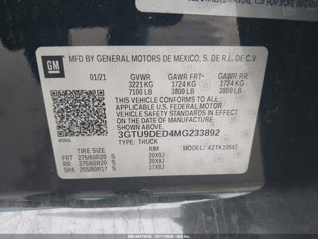 44370038 :رقم المزاد ، 3GTU9DED4MG233892 vin ، 2021 Gmc Sierra 1500 4wd  Short Box Slt مزاد بيع