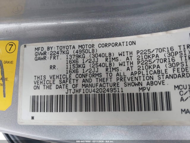 44370080 :رقم المزاد ، JTJHF10U420249511 vin ، 2002 Lexus Rx 300 مزاد بيع