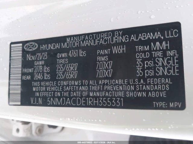 Продажа на аукционе авто 2024 Hyundai Tucson Se, vin: 5NMJACDE1RH355331, номер лота: 44370083