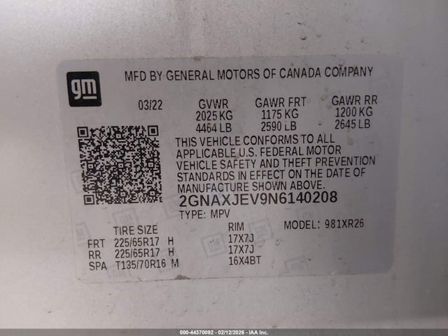 2GNAXJEV9N6140208 Chevrolet Equinox Fwd 2fl
