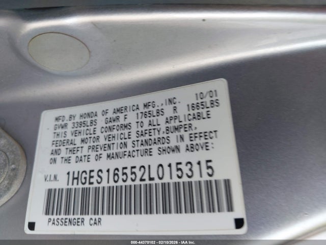 2002 HONDA CIVIC 1HGES16552L015315 Photo 8