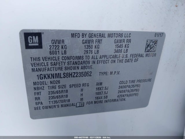 Aukcja sprzedaży 2017 Gmc Acadia Slt-1, vin: 1GKKNMLS8HZ235062, numer aukcji: 44370165