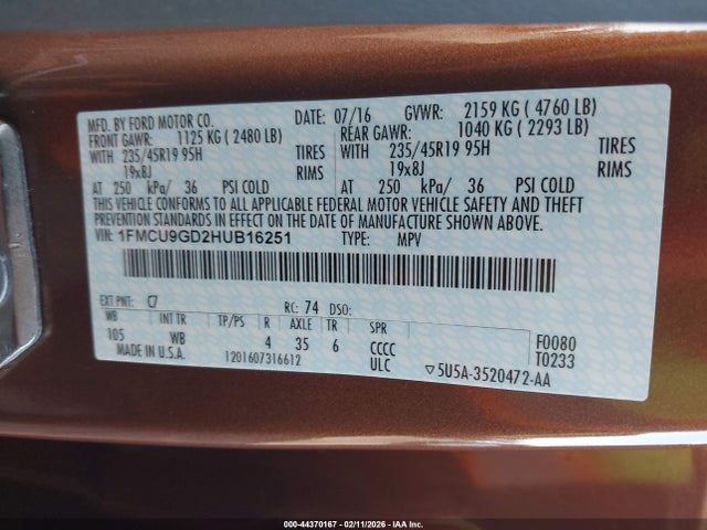 Ford ESCAPE SE 2017 1FMCU9GD2HUB16251 Image 9