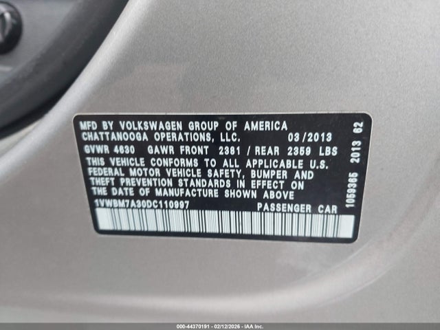 Aukcja sprzedaży 2013 Volkswagen Passat 3.6l V6 Se, vin: 1VWBM7A30DC110997, numer aukcji: 44370191