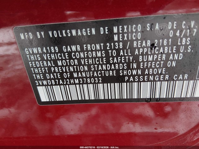 Продажа на аукционе авто 2017 Volkswagen Jetta 1.4t Se, vin: 3VWDB7AJ2HM378032, номер лота: 44370216