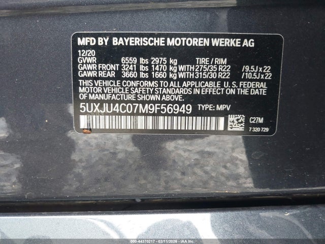 44370217 :رقم المزاد ، 5UXJU4C07M9F56949 vin ، 2021 Bmw X5 M50i مزاد بيع
