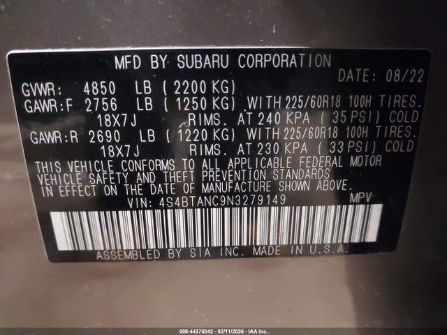 2022 Subaru Outback Limited მანქანა იყიდება აუქციონზე, vin: 4S4BTANC9N3279149, აუქციონის ნომერი: 44370242