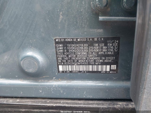 3CZRZ2H7XSM754303 Honda Hr-v Awd Ex-l