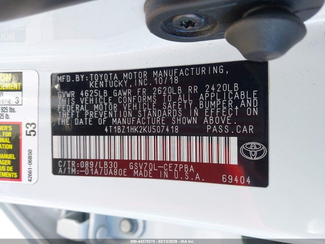 4T1BZ1HK2KU507418 Toyota Camry Xse V6