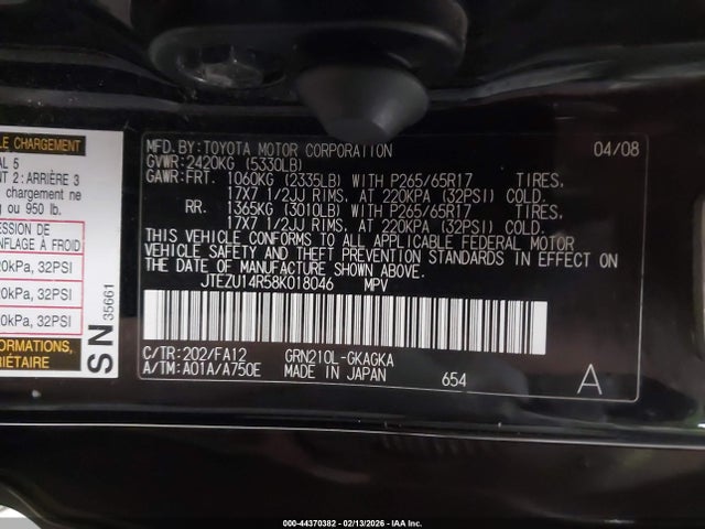 2008 Toyota 4runner Sr5 V6 მანქანა იყიდება აუქციონზე, vin: JTEZU14R58K018046, აუქციონის ნომერი: 44370382