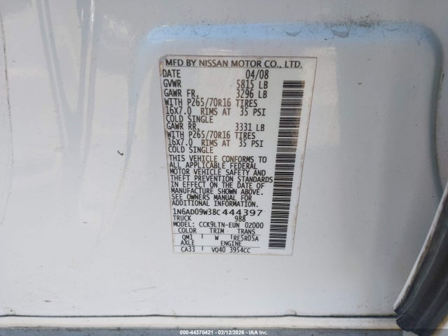 Aukcja sprzedaży 2008 Nissan Frontier Se, vin: 1N6AD09W38C444397, numer aukcji: 44370421