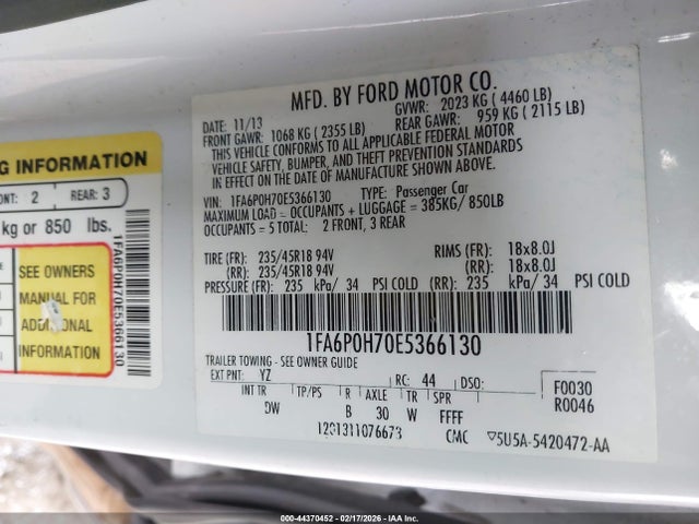 44370452 :رقم المزاد ، 1FA6P0H70E5366130 vin ، 2014 Ford Fusion Se مزاد بيع