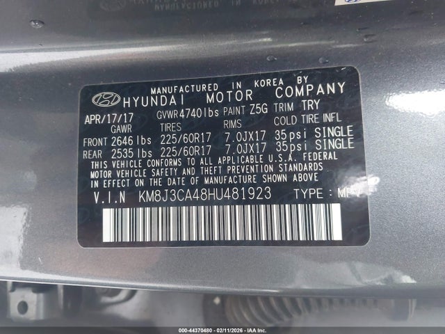 Auction sale of the 2017 Hyundai Tucson Se Plus, vin: KM8J3CA48HU481923, lot number: 44370480