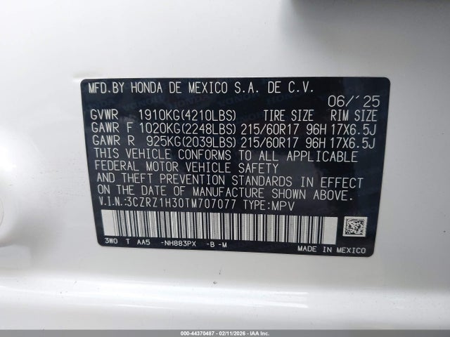 Aukcja sprzedaży 2026 Honda Hr-v 2wd Lx, vin: 3CZRZ1H30TM707077, numer aukcji: 44370487