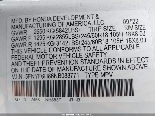 5FNYF6H86NB088771 Honda Pilot Awd Trailsport