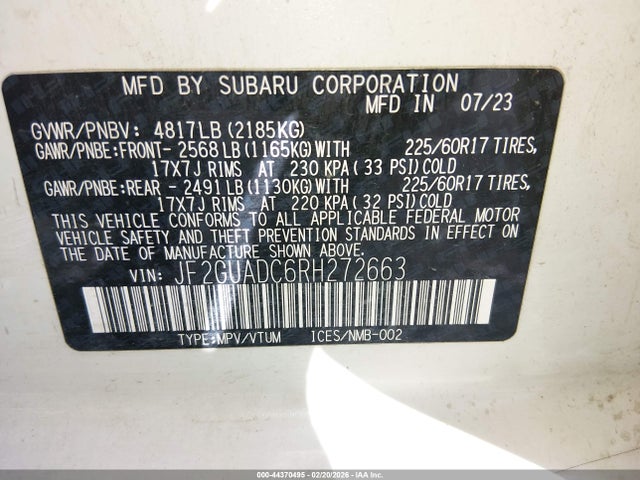 2024 Subaru Crosstrek Premium მანქანა იყიდება აუქციონზე, vin: JF2GUADC6RH272663, აუქციონის ნომერი: 44370495
