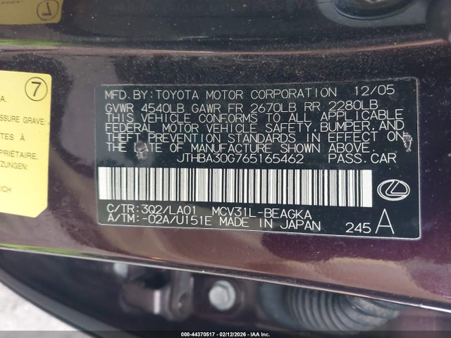 Продаж на аукціоні авто 2006 Lexus Es 330, vin: JTHBA30G765165462, номер лоту: 44370517
