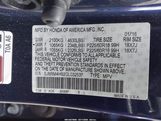 5J6RM4H92GL032537 Honda Cr-v Touring