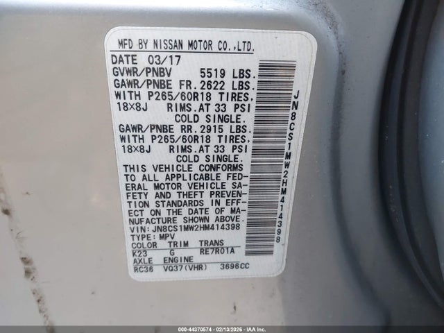 2017 Infiniti Qx70 მანქანა იყიდება აუქციონზე, vin: JN8CS1MW2HM414398, აუქციონის ნომერი: 44370574