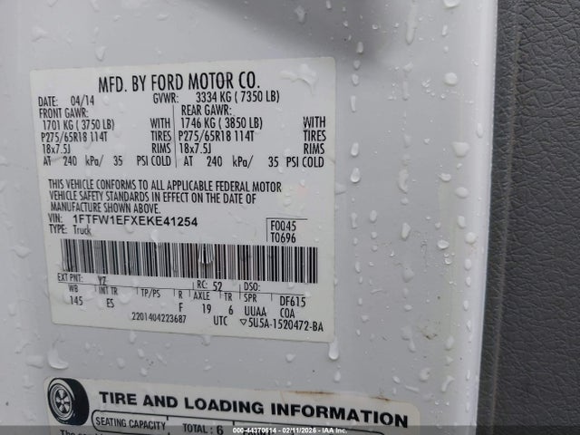Продажа на аукционе авто 2014 Ford F-150 Lariat, vin: 1FTFW1EFXEKE41254, номер лота: 44370614