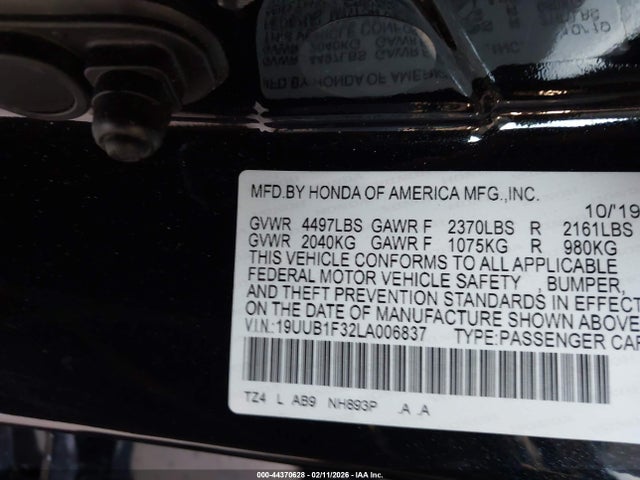 44370628 :رقم المزاد ، 19UUB1F32LA006837 vin ، 2020 Acura Tlx Standard مزاد بيع