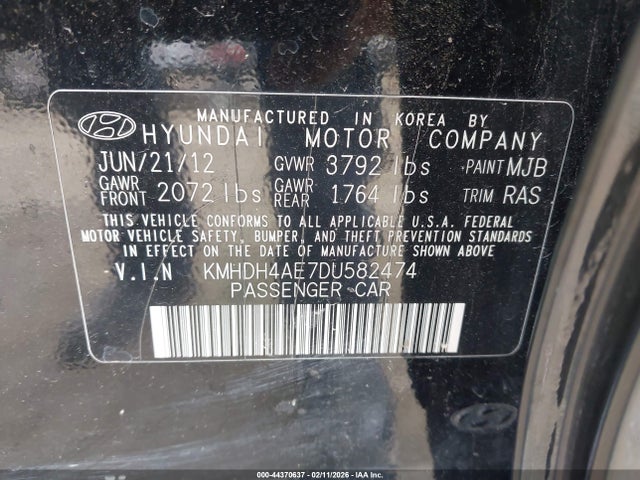 44370637 :رقم المزاد ، KMHDH4AE7DU582474 vin ، 2013 Hyundai Elantra Limited مزاد بيع