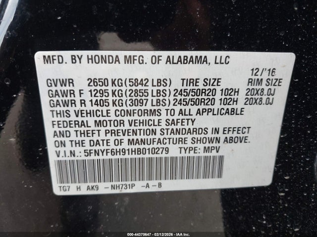 Продаж на аукціоні авто 2017 Honda Pilot Touring, vin: 5FNYF6H91HB010279, номер лоту: 44370647
