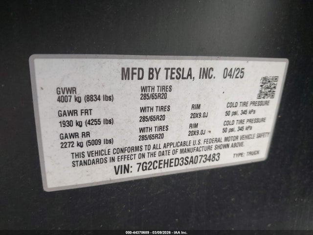 Aukcja sprzedaży 2025 Tesla Cybertruck All-wheel Drive, vin: 7G2CEHED3SA073483, numer aukcji: 44370689