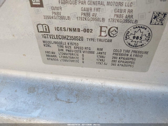 Продаж на аукціоні авто 2017 Gmc Sierra 1500, vin: 1GTV2LEC0HZ358520, номер лоту: 44370725