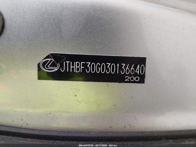 Продажа на аукционе авто 2003 Lexus Es 300, vin: JTHBF30G030136640, номер лота: 44370728