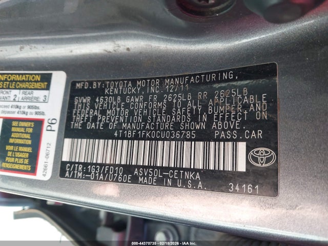 44370735 :رقم المزاد ، 4T1BF1FK0CU036785 vin ، 2012 Toyota Camry Le مزاد بيع