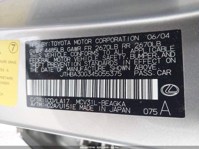 Aukcja sprzedaży 2004 Lexus Es 330, vin: JTHBA30G345055375, numer aukcji: 44370740