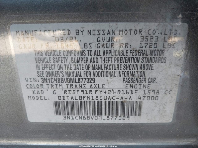 3N1CN8BV0ML877329 Nissan Versa S 5-speed Manual Transmission