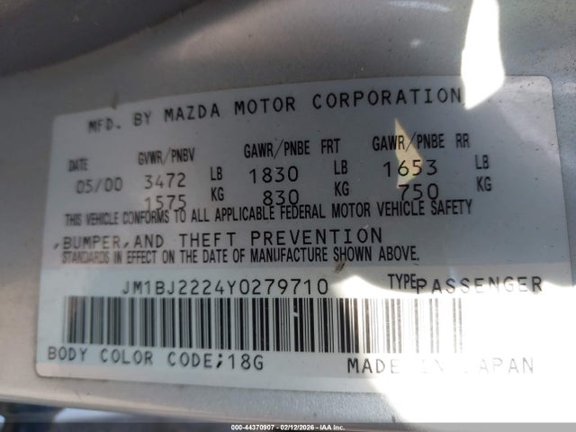Aukcja sprzedaży 2000 Mazda Protege Dx/lx, vin: JM1BJ2224Y0279710, numer aukcji: 44370907