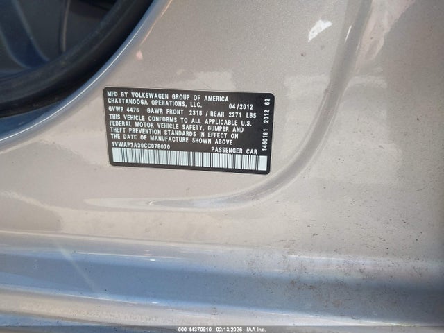 44370910 :رقم المزاد ، 1VWAP7A30CC078070 vin ، 2012 Volkswagen Passat 2.5l S مزاد بيع