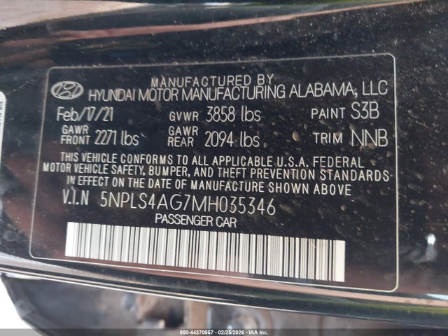 44370957 :رقم المزاد ، 5NPLS4AG7MH035346 vin ، 2021 Hyundai Elantra Sel مزاد بيع