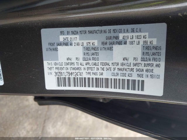 44371031 :رقم المزاد ، 3MZBN1U76HM124741 vin ، 2017 Mazda Mazda3 Sport مزاد بيع