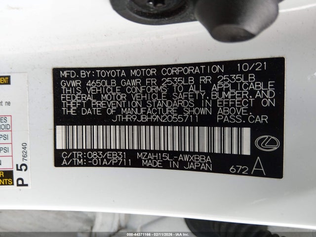 Aukcja sprzedaży 2022 Lexus Ux 250h F Sport, vin: JTHR9JBH9N2055711, numer aukcji: 44371166