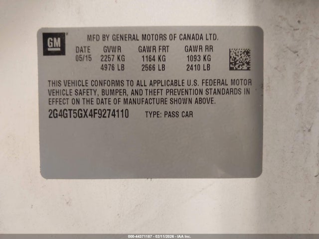 Aukcja sprzedaży 2015 Buick Regal Gs, vin: 2G4GT5GX4F9274110, numer aukcji: 44371187