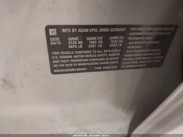 44371196 :رقم المزاد ، W04GS5EC9B1004421 vin ، 2011 Buick Regal Cxl Russelsheim مزاد بيع