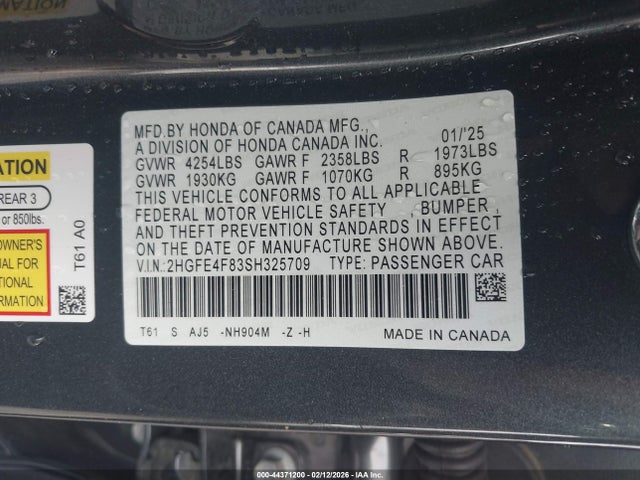 2HGFE4F83SH325709 Honda Civic Hybrid Sport/sport Touring