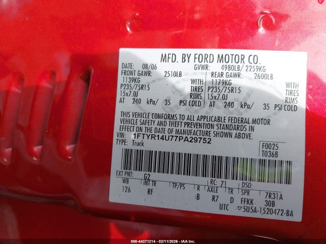 Aukcja sprzedaży 2007 Ford Ranger Sport/stx/xl/xlt, vin: 1FTYR14U77PA29752, numer aukcji: 44371214