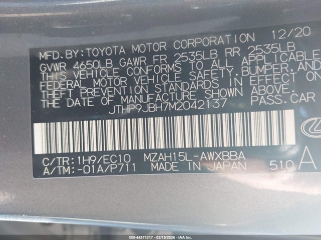 Продажа на аукционе авто 2021 Lexus Ux 250h, vin: JTHP9JBH7M2042137, номер лота: 44371217
