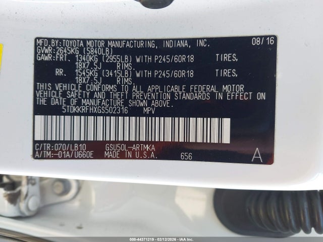 5TDKKRFHXGS502316 Toyota Highlander Xle V6