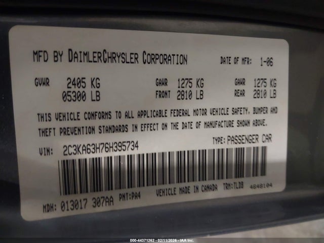 44371262 :رقم المزاد ، 2C3KA63H76H395734 vin ، 2006 Chrysler 300c مزاد بيع