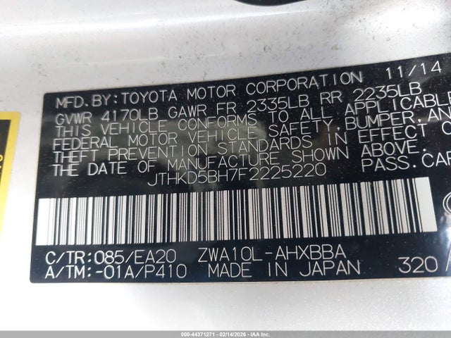 Продажа на аукционе авто 2015 Lexus Ct 200h, vin: JTHKD5BH7F2225220, номер лота: 44371271