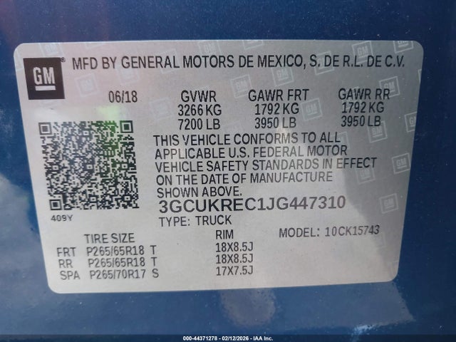 3GCUKREC1JG447310 Chevrolet Silverado 1500 2lt