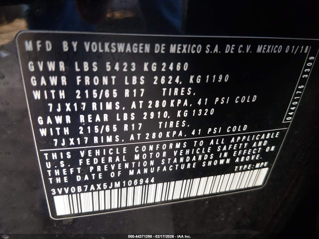44371298 :رقم المزاد ، 3VV0B7AX5JM106944 vin ، 2018 Volkswagen Tiguan 2.0t S مزاد بيع