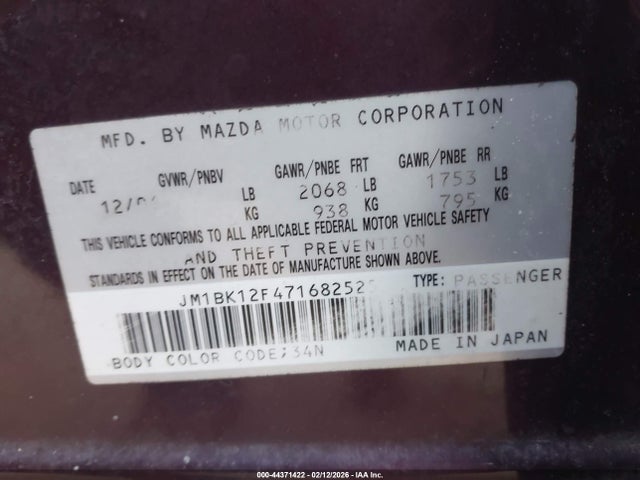 44371422 :رقم المزاد ، JM1BK12F471682525 vin ، 2007 Mazda Mazda3 I Touring مزاد بيع