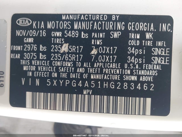 5XYPG4A51HG283462 KIA Sorento 3.3l Lx